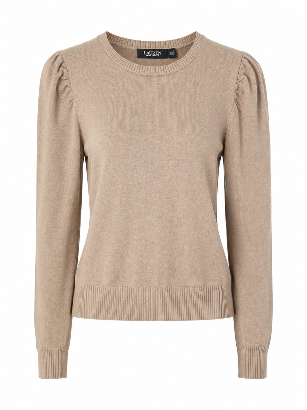 Lauren Ralph Lauren Puff Sleeve Cotton Modal Knit Sweater Tan Beige Large